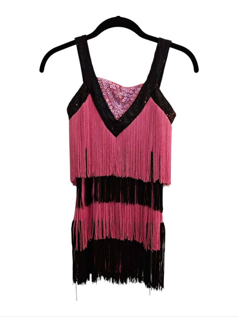 Dance Costume Flapper Child Size XL Pink Black Fringe with Sequin Embellishment